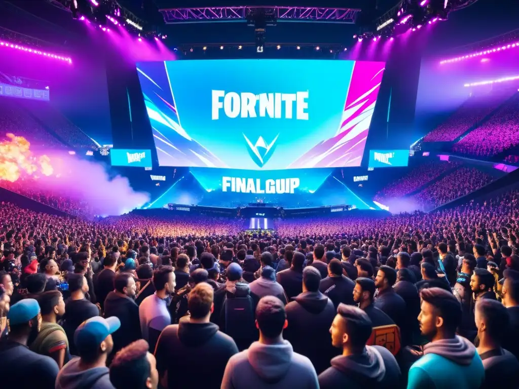 En un estadio lleno de fans, dos jugadores se enfrentan en la intensa final del Fortnite World Cup