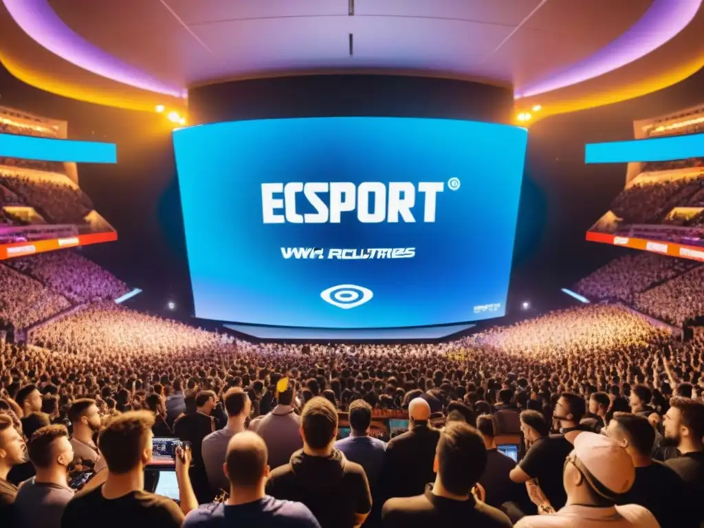 Un estadio lleno en un torneo de eSports, con luces neón y fans emocionados