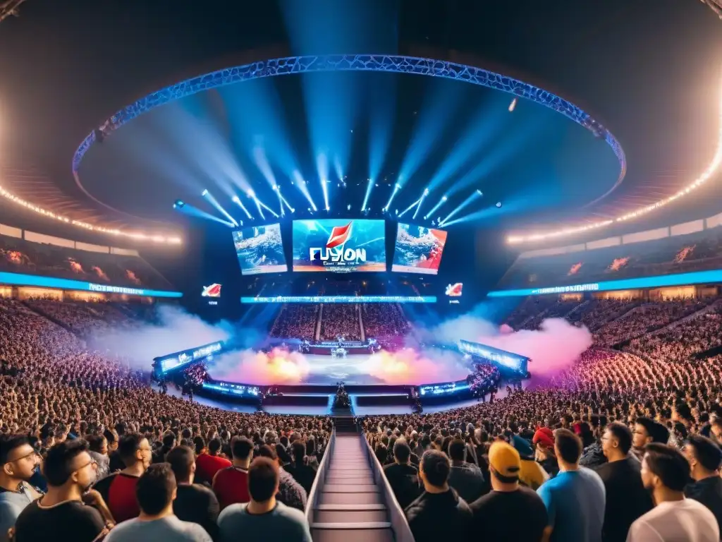 Estadio lleno en torneo eSports global, luces coloridas iluminan escenario con jugadores enfocados y fans de distintos países