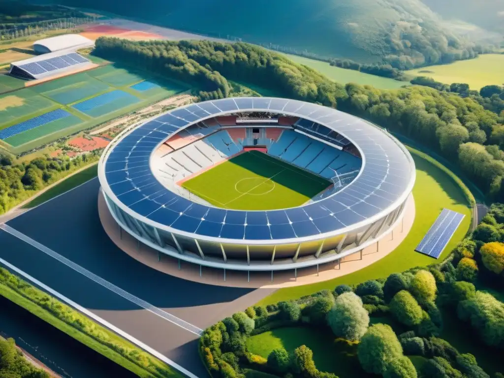 Un estadio moderno rodeado de vegetación, paneles solares y turbinas eólicas