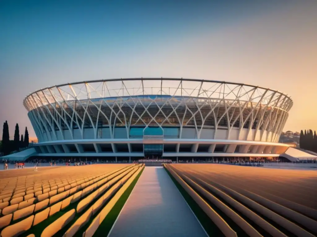 Estadio Olímpico moderno con influencias de arquitectura griega, fusionando mitología en juegos europeos