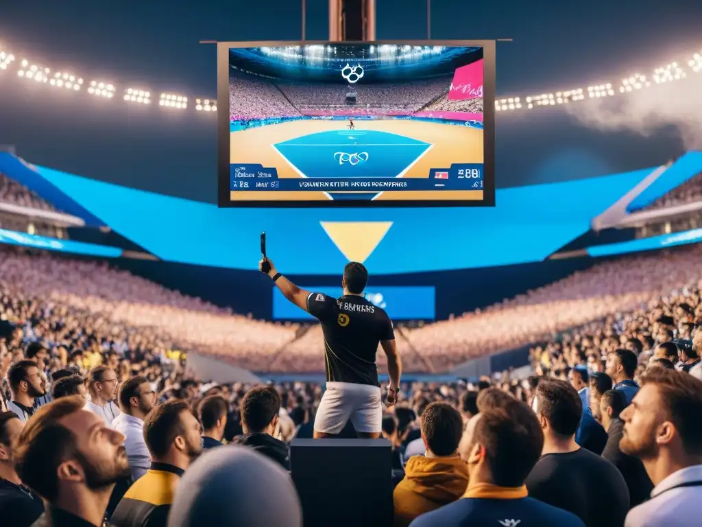 Estadio olímpico repleto de espectadores emocionados viendo competencias de deportes electrónicos en 2030