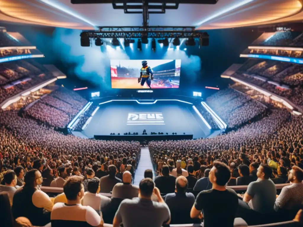 El estadio rebosa de fans animando a los jugadores en un evento de eSports, reflejando la evolución de los eSports en cultura