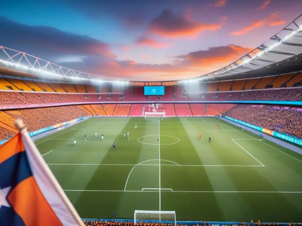 Estadio de fútbol vibrante en Latinoamérica durante un campeonato, con fans apasionados y un atardecer colorido