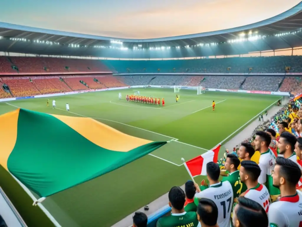 Un estadio de fútbol vibrante en América Latina, lleno de pasión y coloridos aficionados durante un intenso partido al atardecer