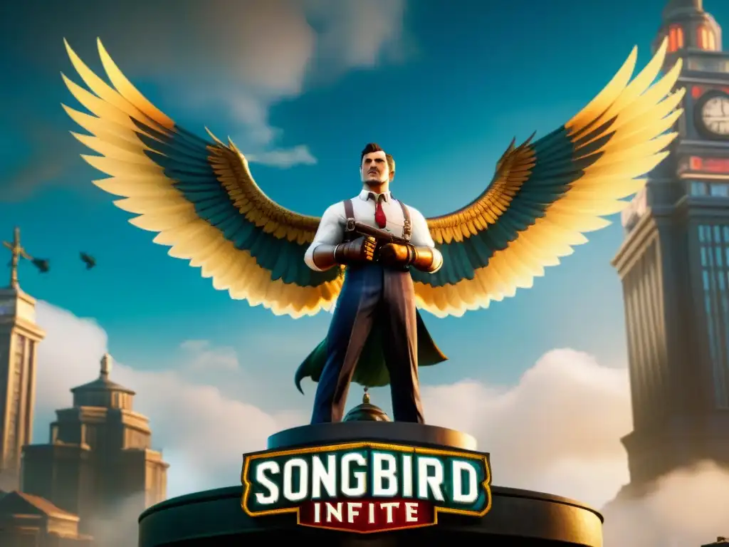 Una estatua detallada del icónico 'Songbird' de Bioshock Infinite, destacando su diseño intrincado y texturas desgastadas en una ciudad vintage