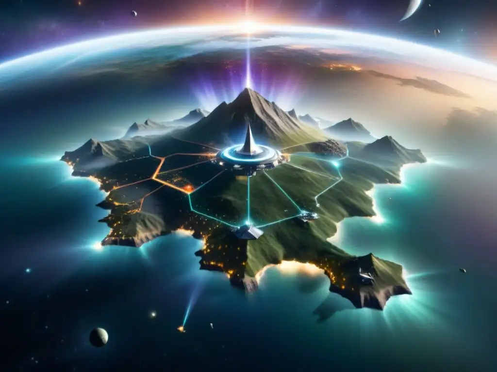 Estrategias de expansión en Stellaris: Un imperio avanzado en guerra estelar con estaciones y naves en un mapa galáctico detallado y colorido