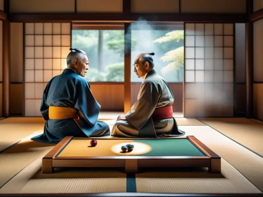 Estrategias del juego de Go: Dos ancianos japoneses juegan Go en un ambiente sereno y elegante con luz de tarde