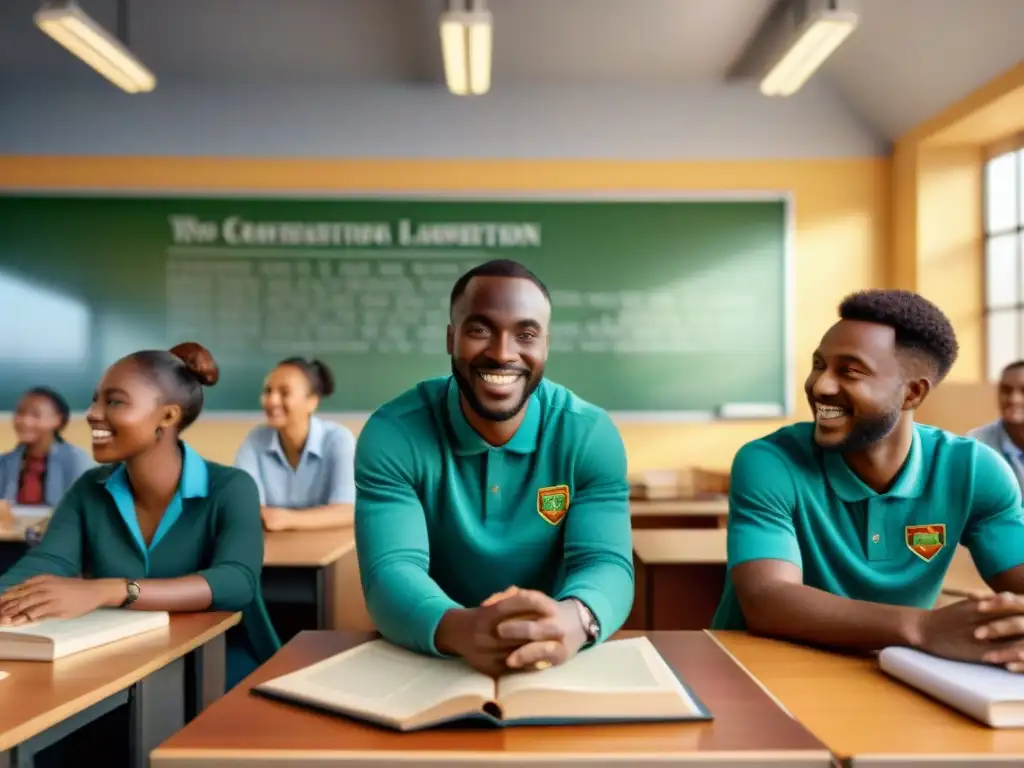 Estudiantes africanos participan en juegos de simulación educativa, fomentando la resolución de problemas y el trabajo en equipo en un aula colorida