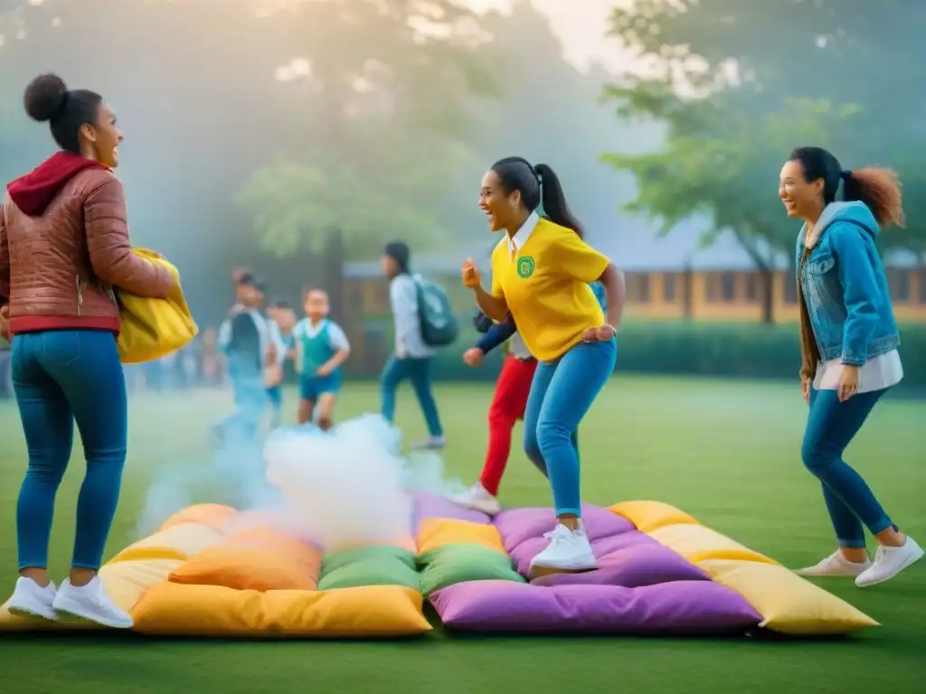 Diversos estudiantes participan alegres en juegos tradicionales para mejorar aprendizaje en colorido patio escolar