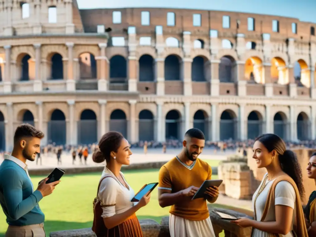 Estudiantes en Roma antigua usando apps educativas historia juegos deportes, mezclando pasado y tecnología moderna en el Coliseo