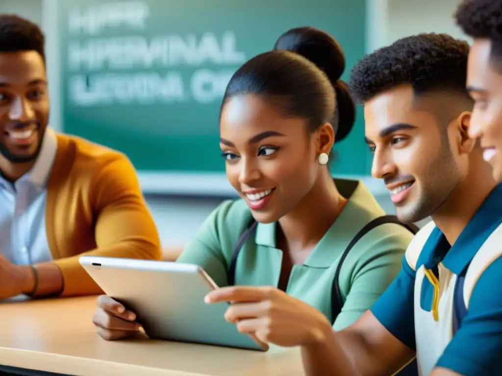 Estudiantes disfrutan aprendizaje interactivo con juegos educativos en aula moderna