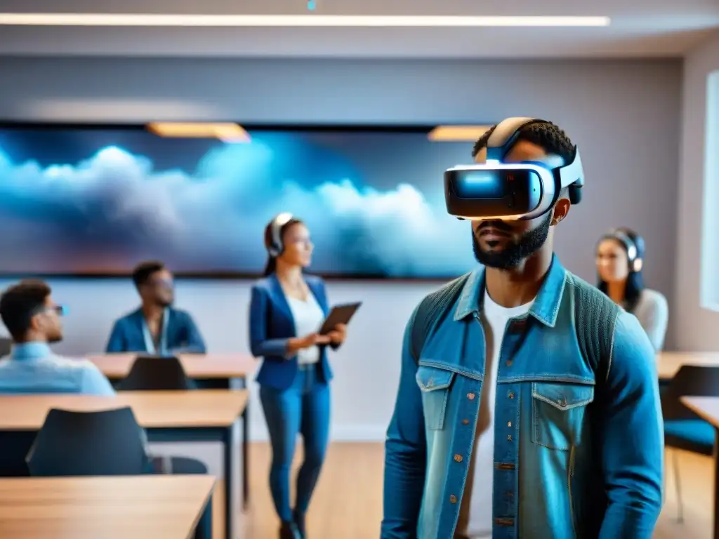 Aula del futuro: estudiantes interactúan con AR en 8k Estudiantes usando auriculares de realidad aumentada en aula futurista