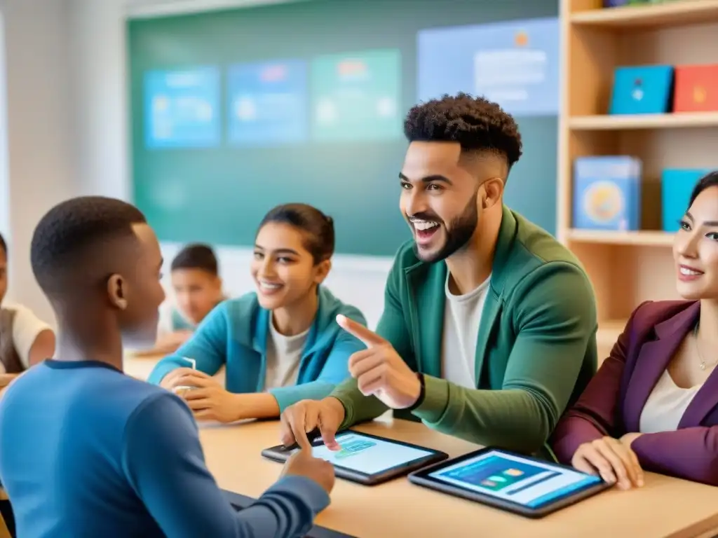 Estudiantes diversos juegan en tablets en clase luminosa