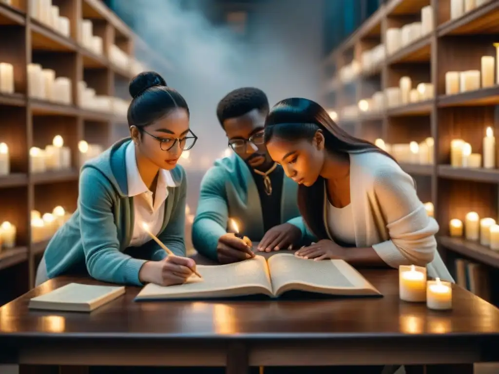 Estudiantes resolviendo códigos antiguos en una sala iluminada con velas y libros antiguos