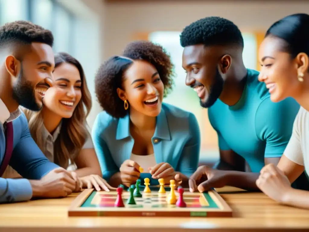 Estudiantes colaborativos disfrutan y aprenden con juegos de mesa en aula soleada