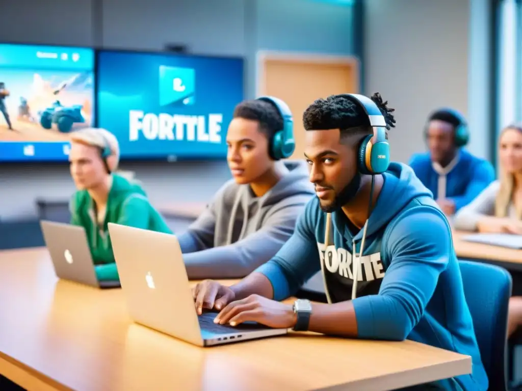 Estudiantes comprometidos y colaborativos disfrutando de Fortnite en clase, destacando el éxito social y cultural