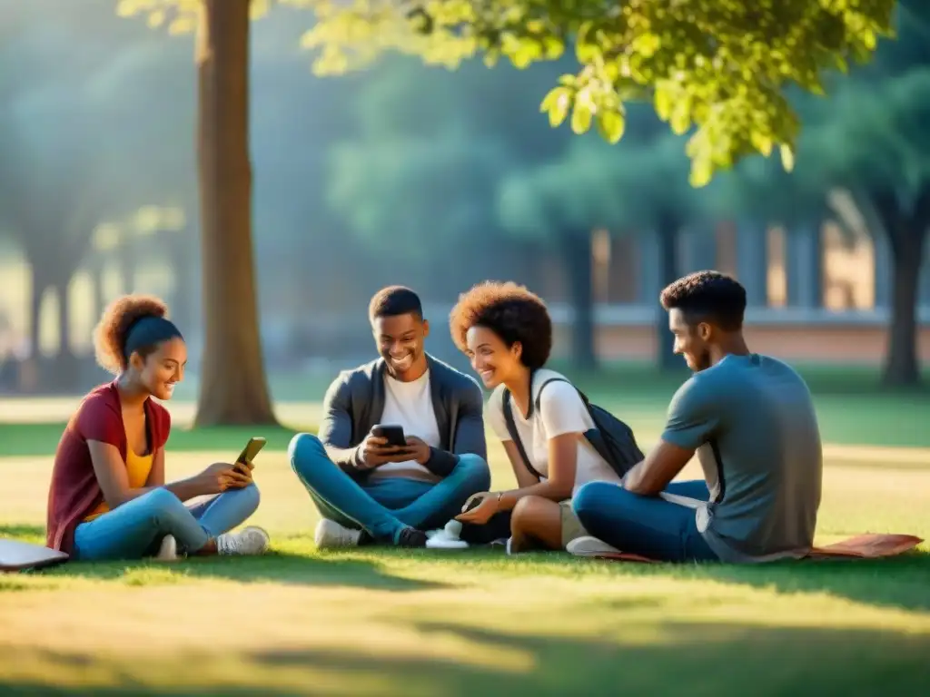 Estudiantes concentrados en sus dispositivos móviles en un campo, con su maestro sonriente