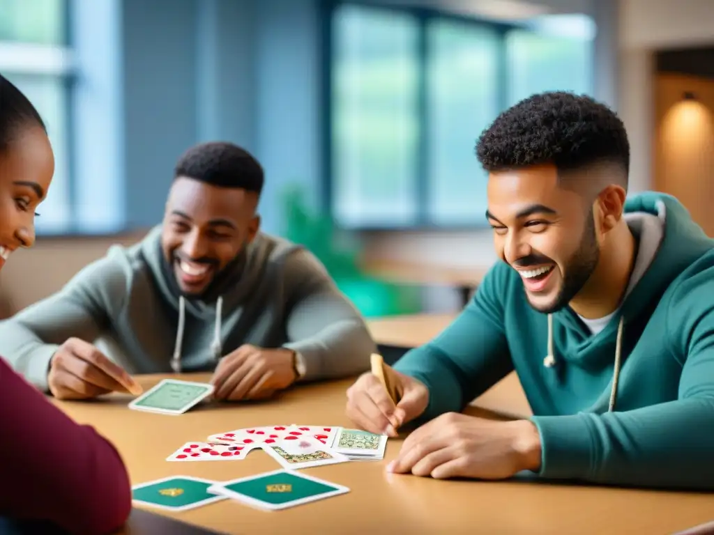 Estudiantes concentrados y emocionados juegan cartas en aula, promoviendo la educación y la diversidad cultural