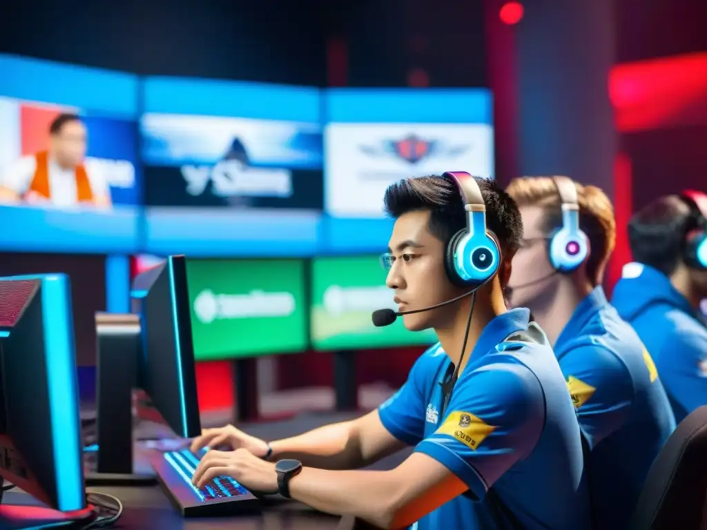 Estudiantes concentrados en eSports en la educación, compitiendo en una arena de juego de alto nivel