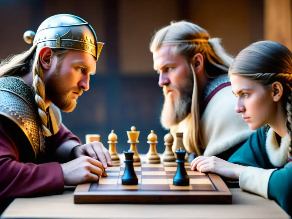 Estudiantes concentrados juegan Hnefatafl en reenactment vikingo