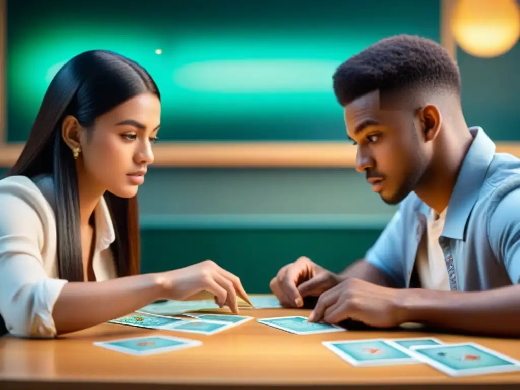 Dos estudiantes concentrados en un juego de cartas clásico en un aula