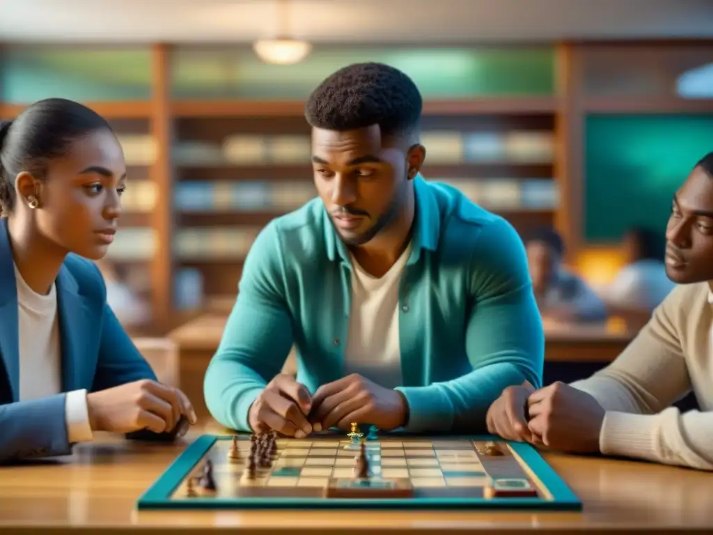 Estudiantes concentrados disfrutan de un juego de mesa histórico en un aula iluminada cálidamente