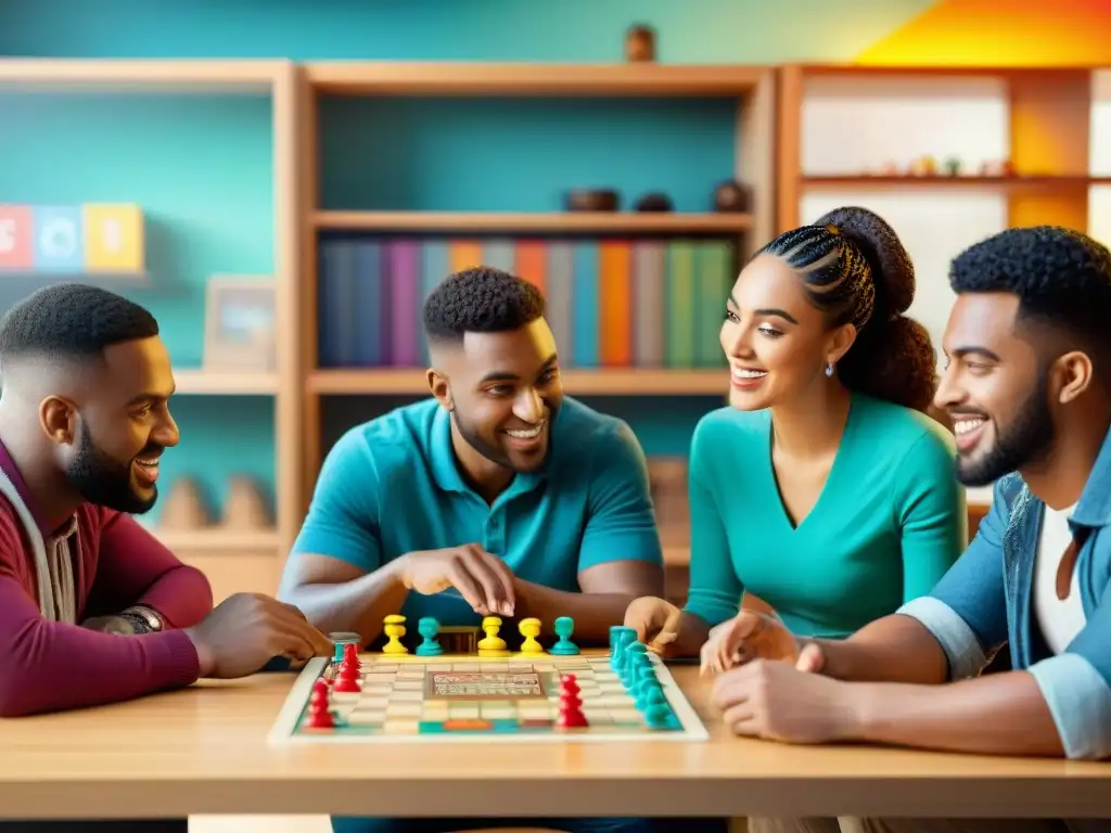 Diversos estudiantes concentrados jugando un juego de mesa en un ambiente educativo y vibrante