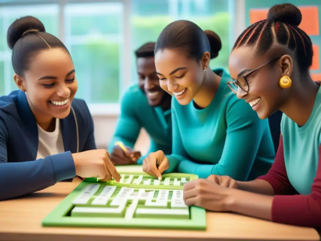 Estudiantes diversos concentrados resolviendo juego de palabras literarias en aula