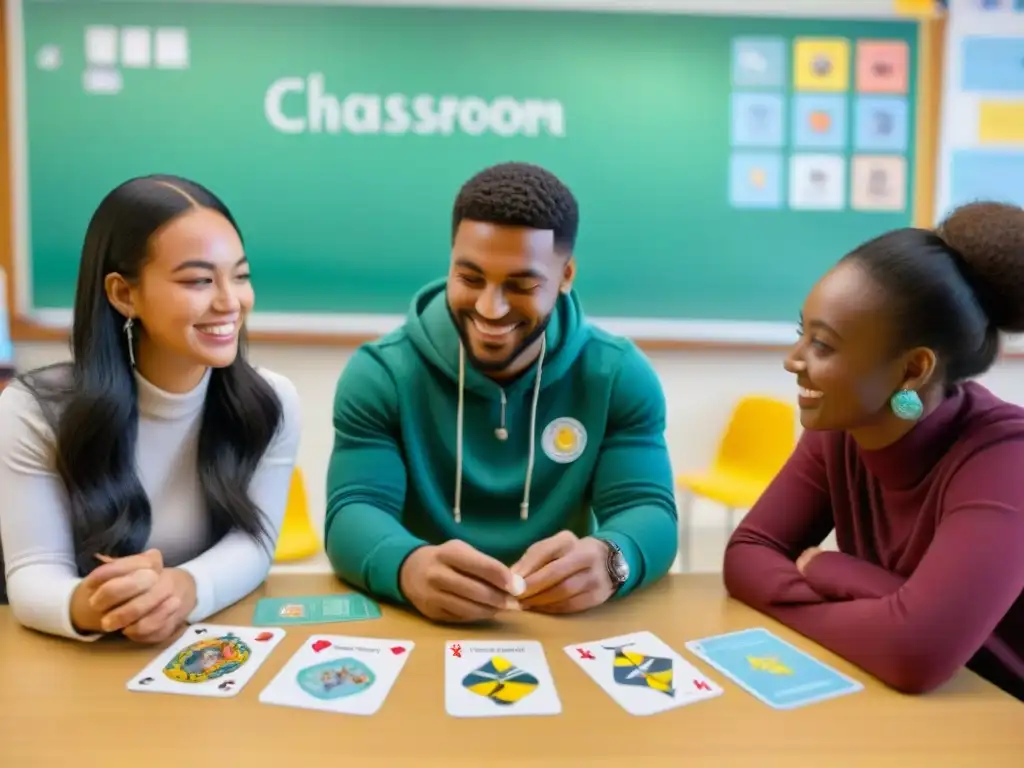 Estudiantes concentrados en juegos de cartas educativos cultura en aula inspiradora