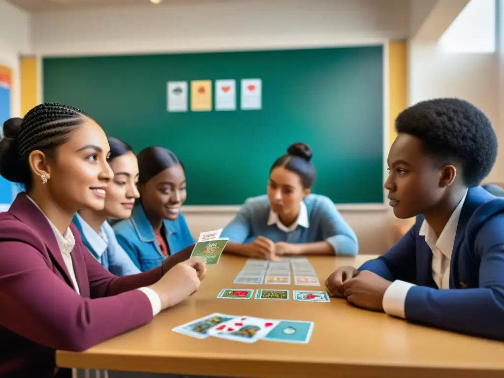 Estudiantes concentrados en juegos de cartas educativos cultura en un aula inmersiva