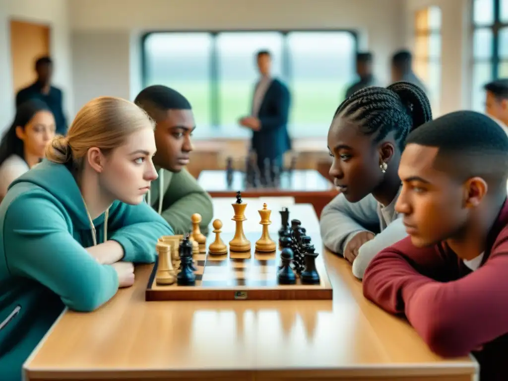 Estudiantes concentrados en torneo de ajedrez en aula educativa, aplicando enseñanza lógica y estrategia