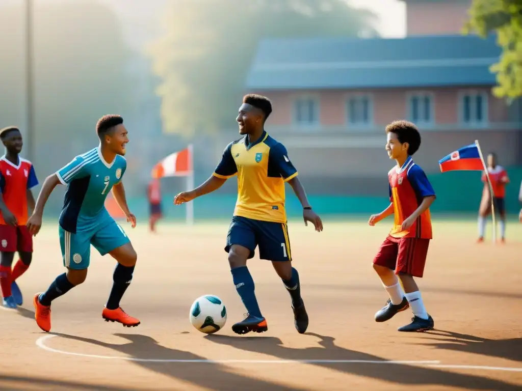 Estudiantes de diferentes culturas juegan fútbol en la escuela, mezclando historia, deporte y diversidad educativa