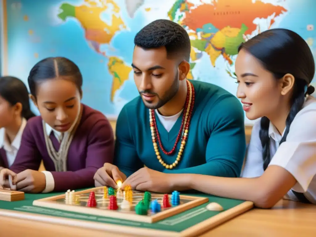 Estudiantes de diversas culturas juegan juegos educativos tradicionales en un aula colorida