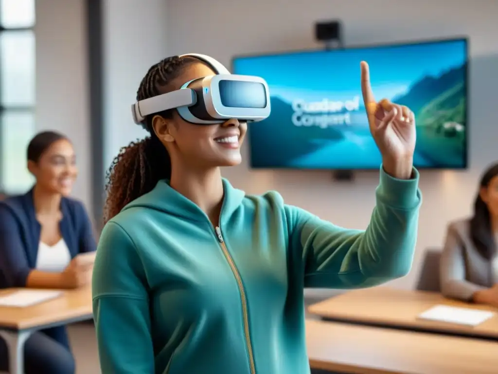 Estudiantes inmersos en realidad aumentada en aula moderna Estudiantes diversos con auriculares de Realidad Aumentada en clase de habilidades cognitivas