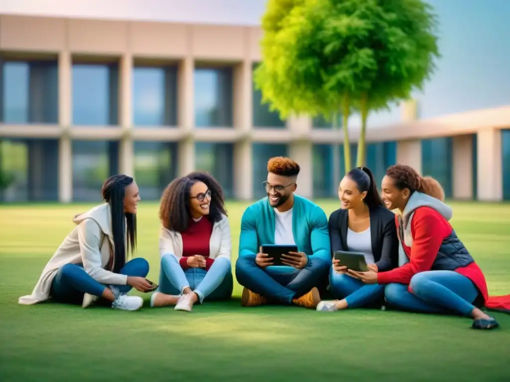 Estudiantes diversos en círculo discuten animadamente viendo juego educativo en tablet