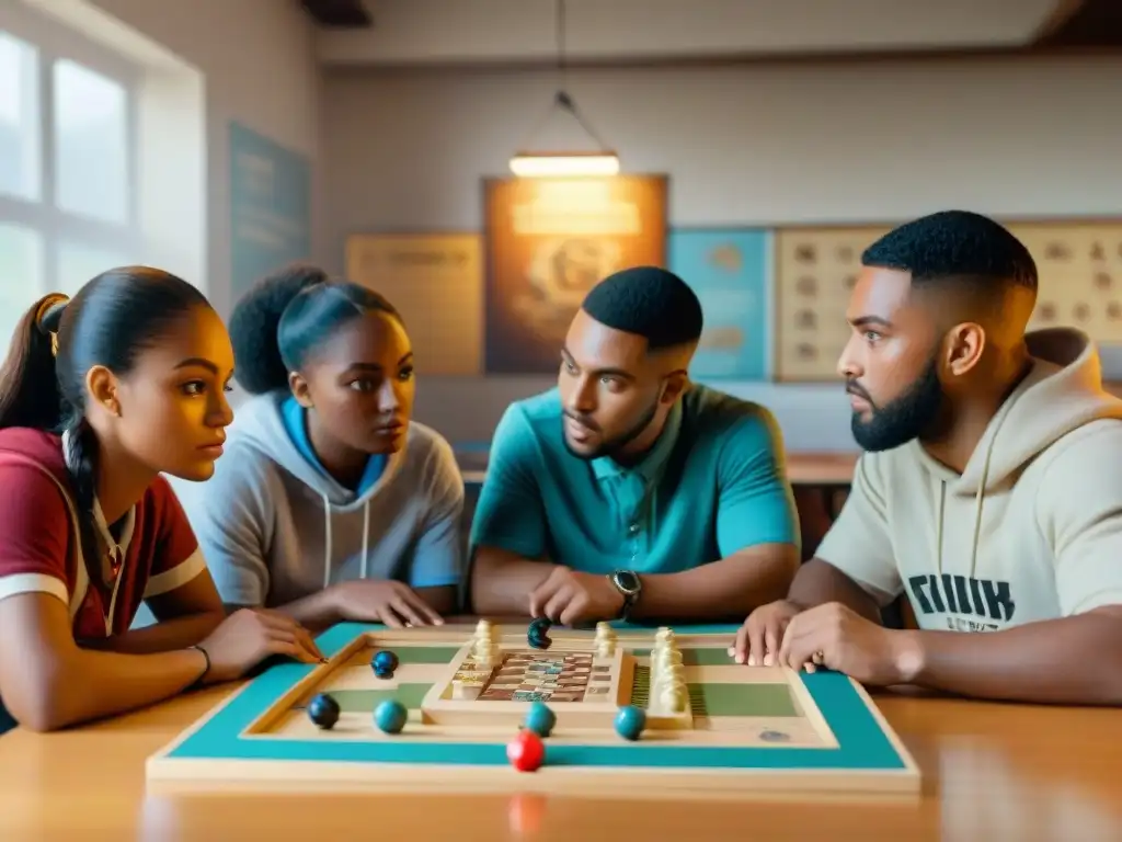 Estudiantes de diferentes edades juegan emocionados un juego de mesa antiguo en un aula llena de historia y emoción
