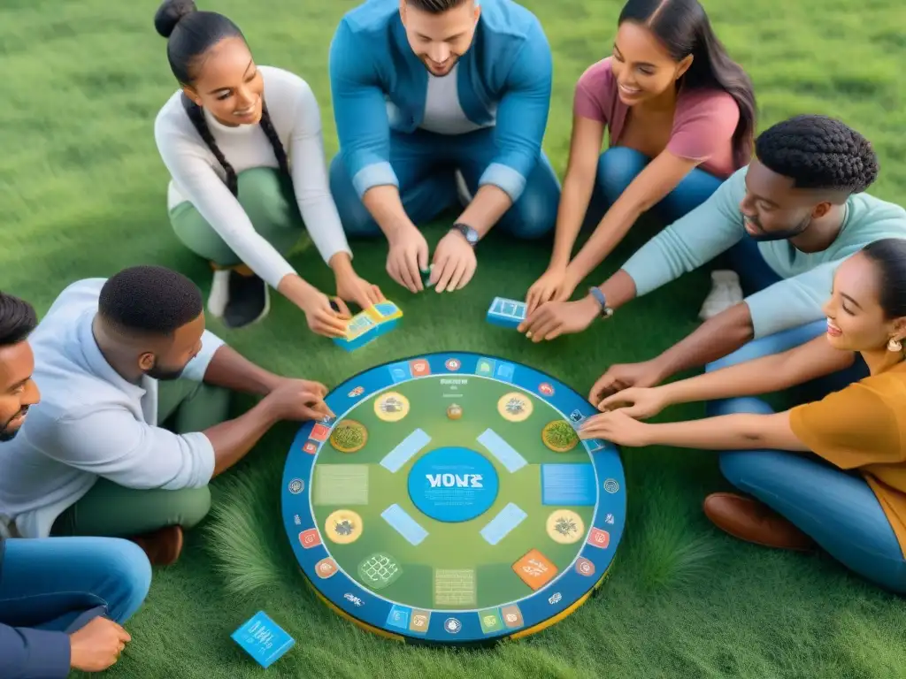 Estudiantes de diferentes edades juegan un juego educativo en un campo verde brillante, fomentando estrategias educativas con juegos cultural