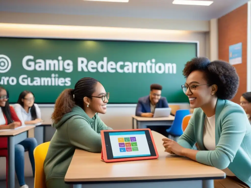 Estudiantes de diferentes edades disfrutan de juegos educativos en un aula luminosa