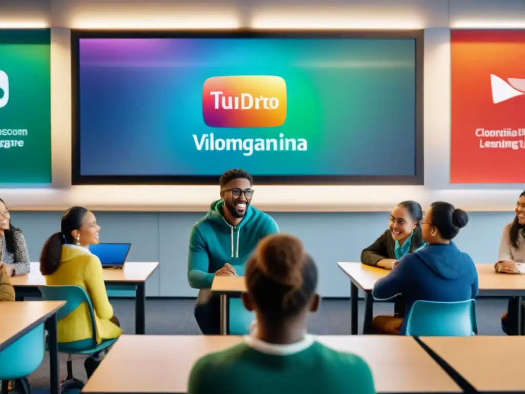 Estudiantes de diversas edades disfrutan de un videojuego educativo en aula moderna