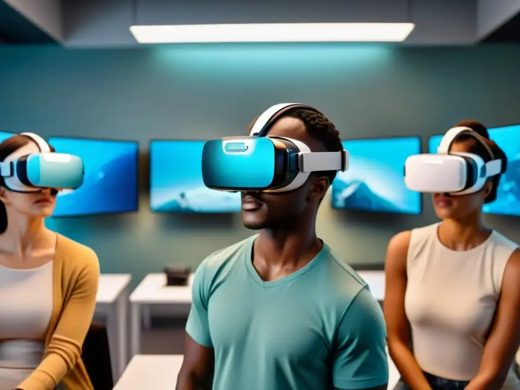 Experiencia educativa virtual para estudiantes de todas las edades Estudiantes de diferentes edades explorando videojuegos educativos innovadores en aula futurista con realidad virtual