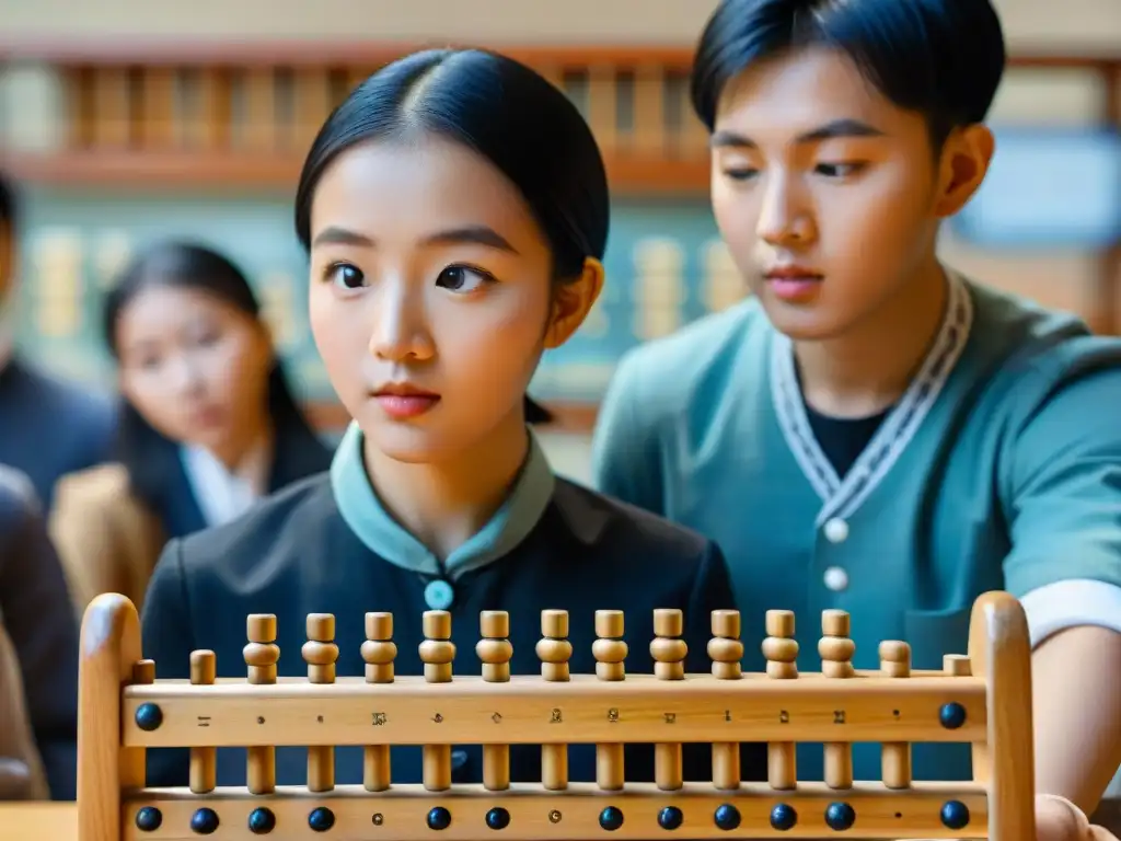 Emoción en el aula: estudiantes descubriendo el ábaco Estudiantes entusiasmados rodean un antiguo ábaco de madera en una actividad de matemáticas
