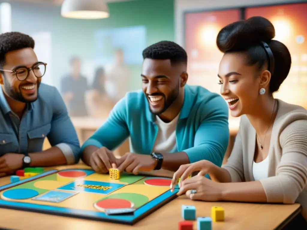 Estudiantes participan con entusiasmo en un juego educativo en un aula luminosa