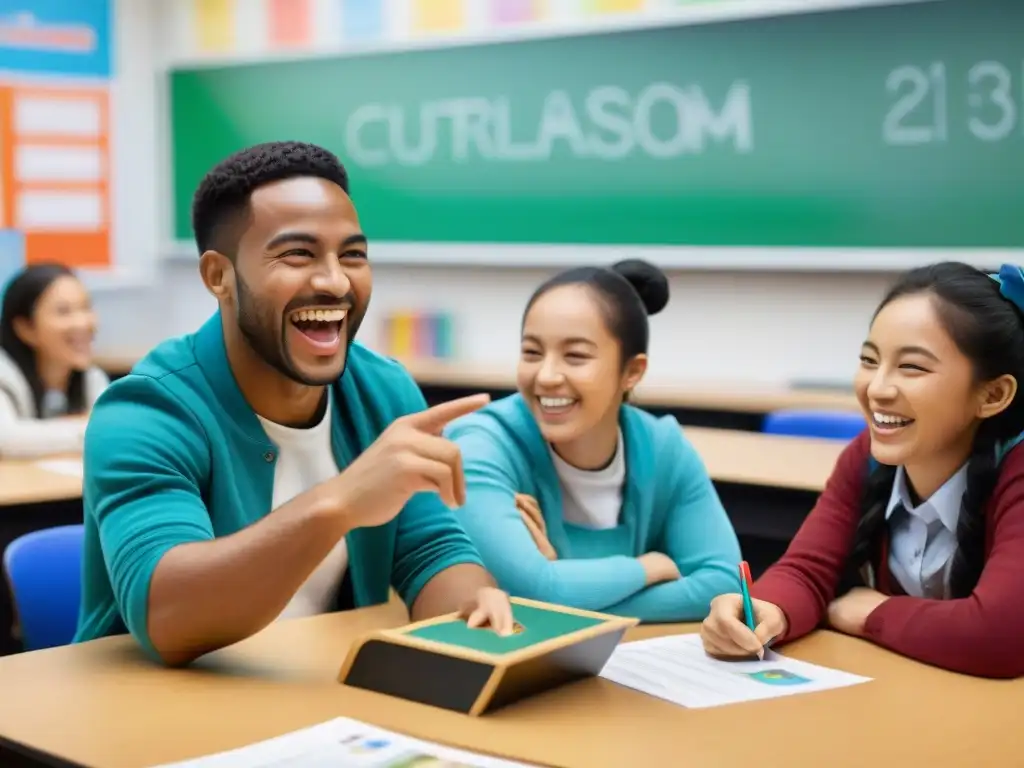 Estudiantes participando con entusiasmo en juegos culturales en un aula acogedora