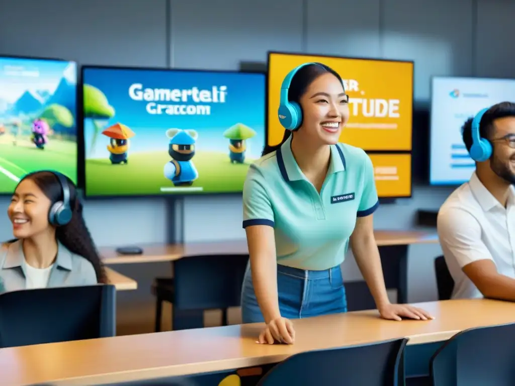 Juego educativo en aula moderna: diversión y colaboración Estudiantes colaboran con entusiasmo en videojuegos educativos innovadores aprendizaje