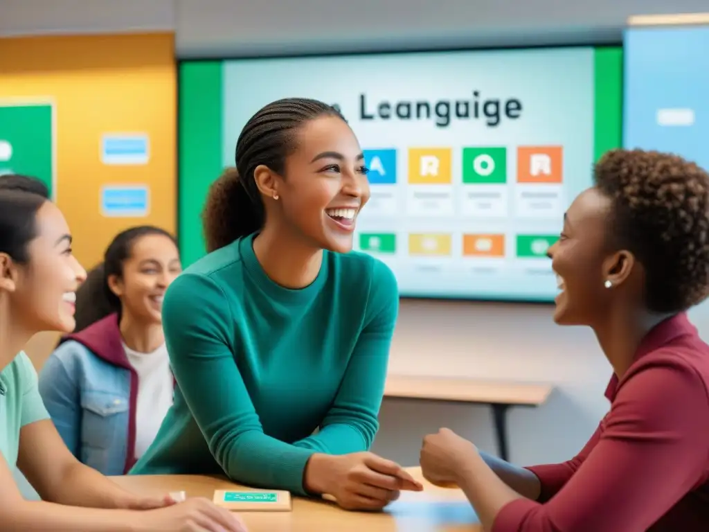 Estudiantes entusiastas participando en juegos educativos para aprender idiomas en un aula vibrante y dinámica