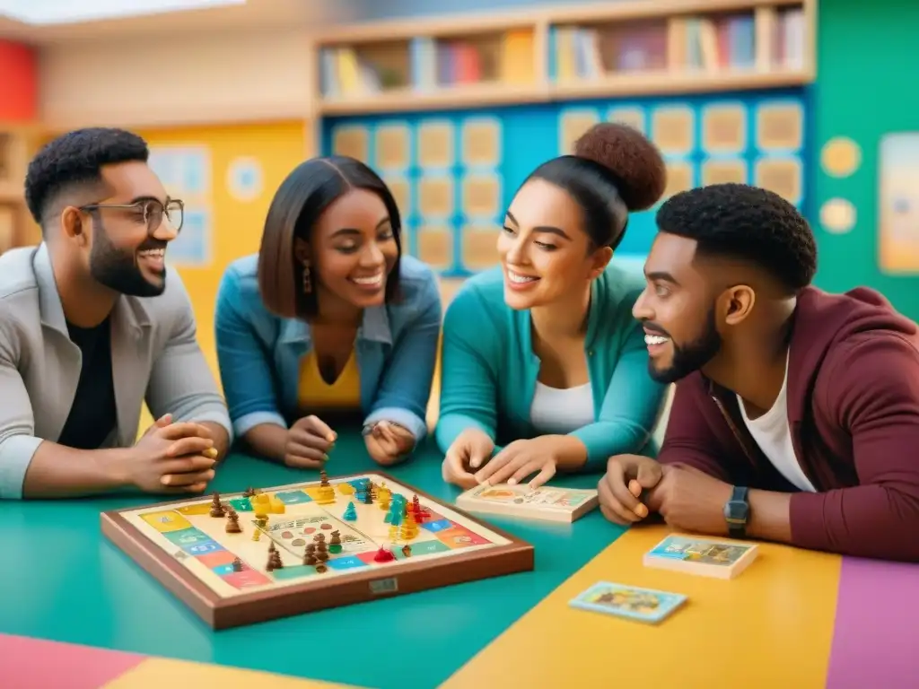 Estudiantes diversos disfrutan de estrategias educativas con juegos culturales en un aula colorida