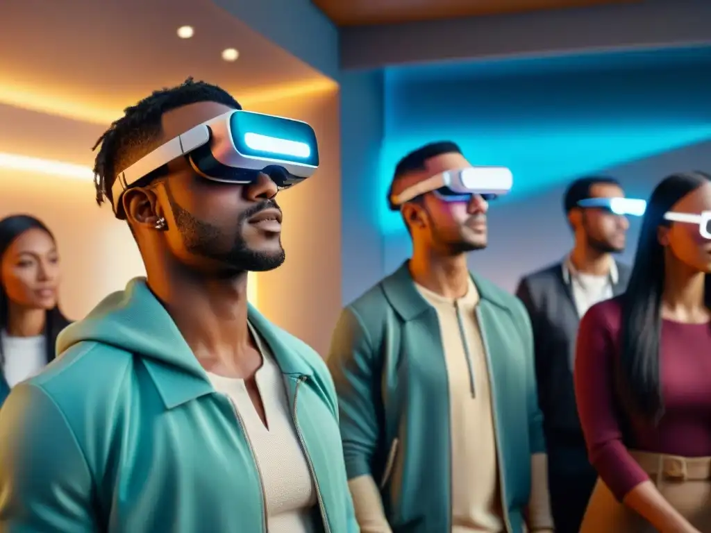 Estudiantes interactúan con realidad aumentada en aula futurista Estudiantes diversos usan gafas de Realidad Aumentada en Habilidades Cognitivas en un aula moderna