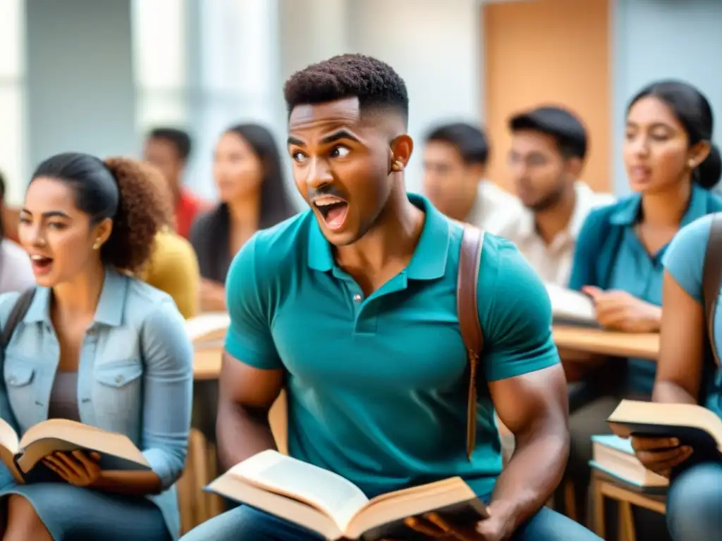 Estudiantes inmersos en juegos educativos de ludolingüística en el aula, concentración y emoción en sus rostros