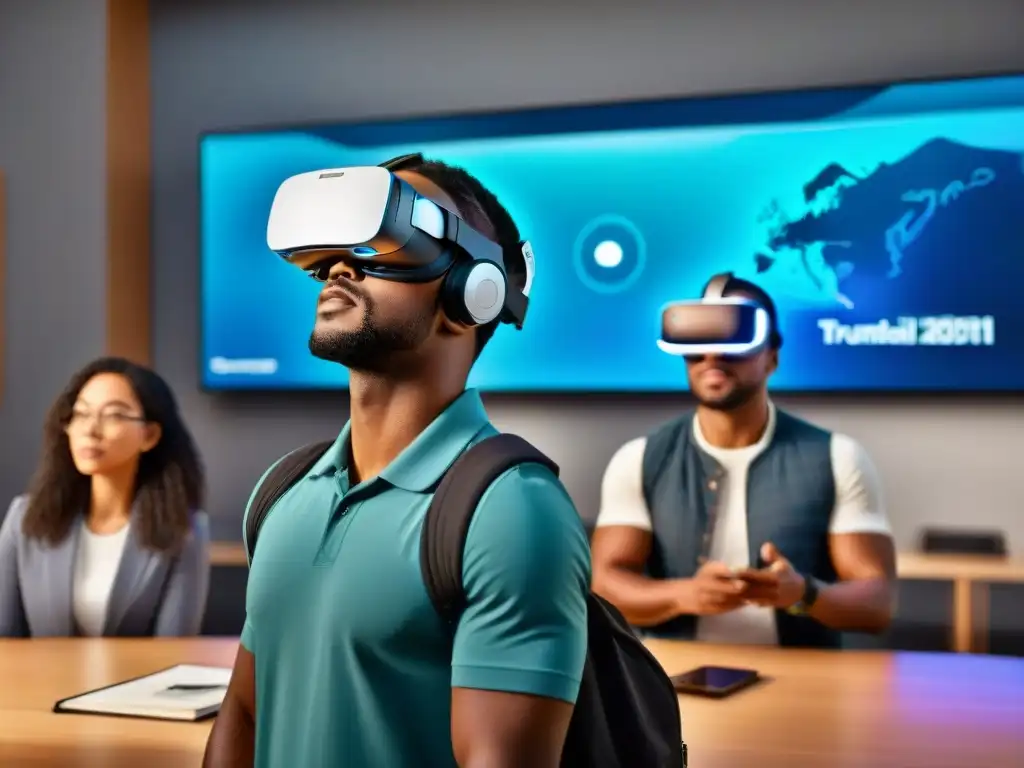 Estudiantes diversos inmersos en juegos educativos de realidad virtual, tecnología equilibrio